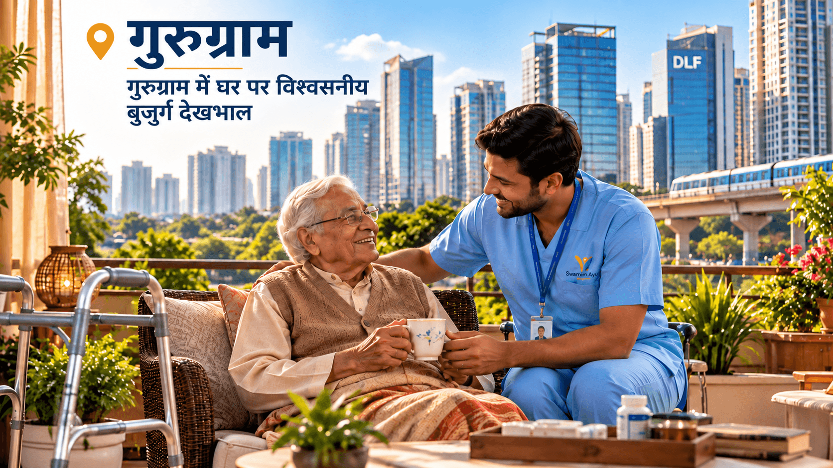 elderly couple with caregiver at home
