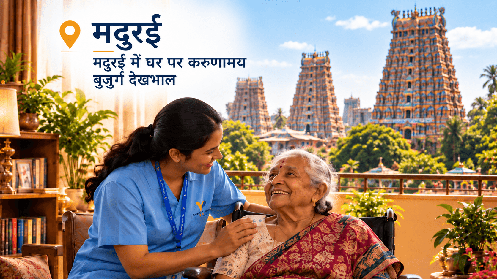 elderly couple with caregiver at home