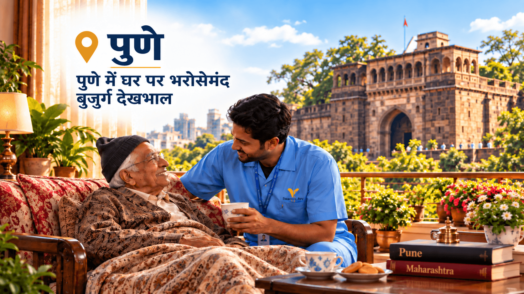 elderly couple with caregiver at home