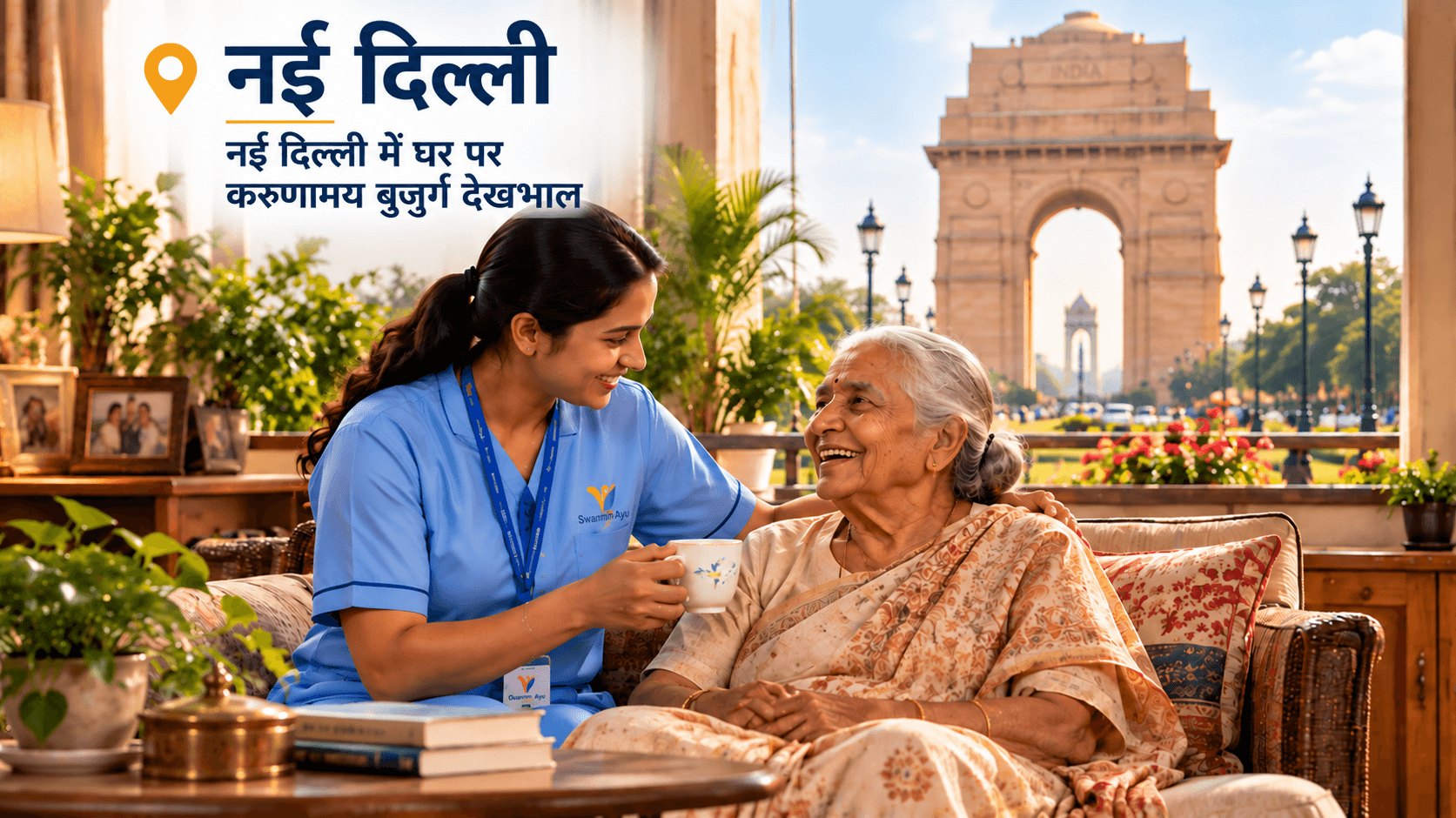 elderly couple with caregiver at home
